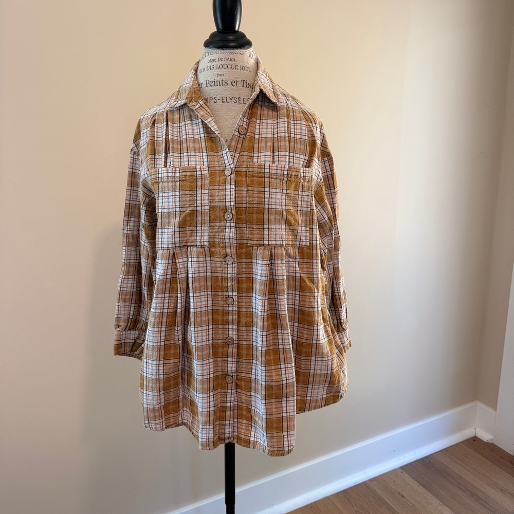 Listicle Women's Mustard/Brown Plaid Long Sleeve Button Up Shirt Size L